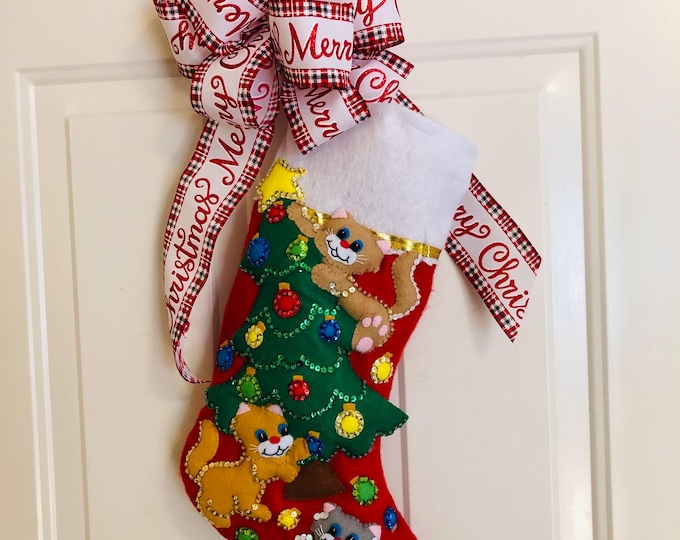 Handmade Christmas Stocking - Kitties Climb the Tree, baby’s first, pet