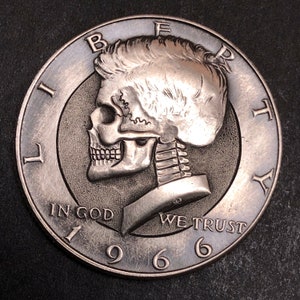 Hobo Nickel Skull By M.J. Petitdemange engraved coin, Kennedy Half, memento mori,carved skull,Jewelry,Art-metal-Groomsmen ,Day of the Dead