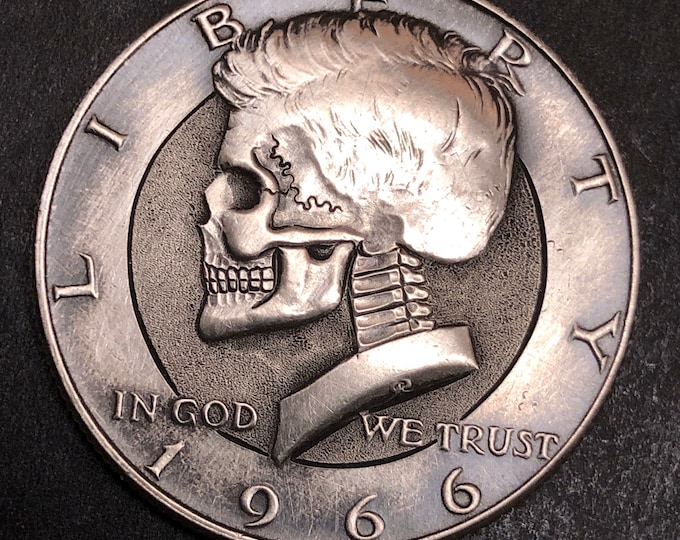Hobo Nickel Skull By M.J. Petitdemange engraved coin, Kennedy Half, memento mori,carved skull,Jewelry,Art-metal-Groomsmen ,Day of the Dead