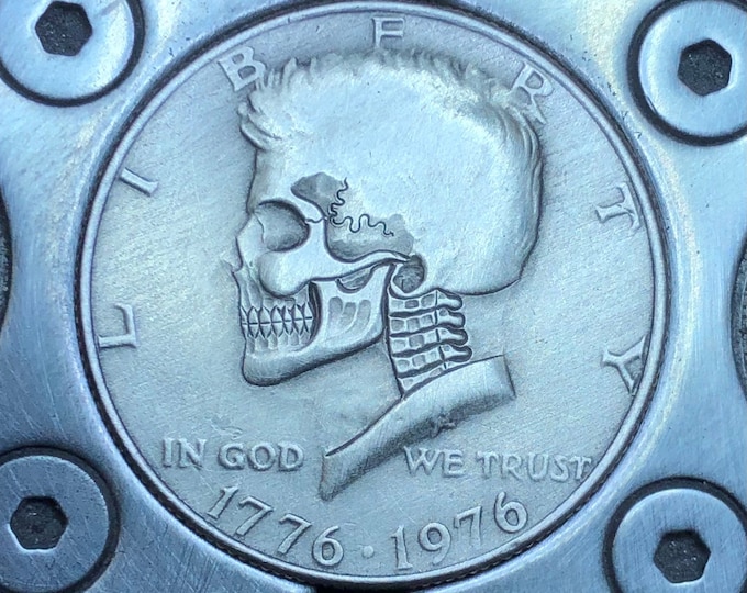 Hobo Nickel Skull By M.J. Petitdemange engraved Challenge Coin,memento mori,carved skull,Jewelry,Art-metal gift-Halloween art for husband