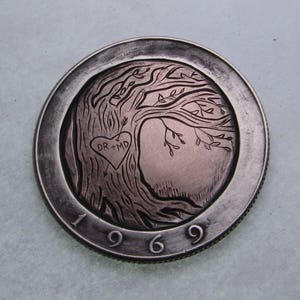 Hand Carved Hobo Nickel Love Token: Sweetheart Tree, Kennedy Half Dollar
