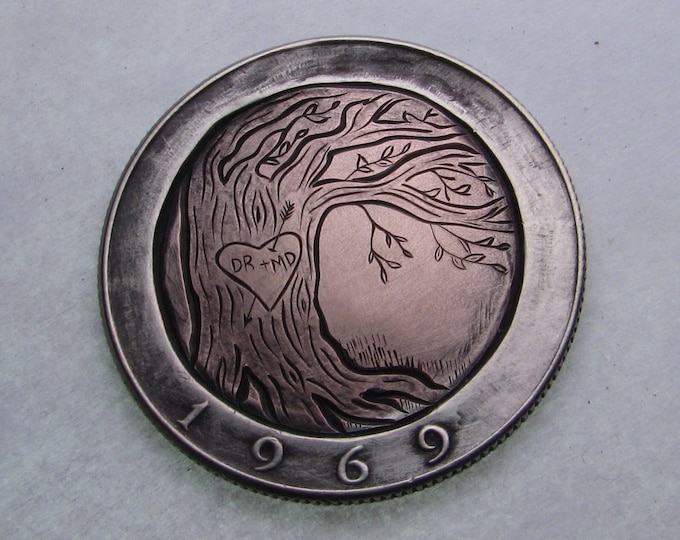 Hobo Nickel Love Token. Sweetheart tree. Hand carved on a Kennedy Half Dollar. Valentine, jewelry, Fathers Day gift, hobo nickel