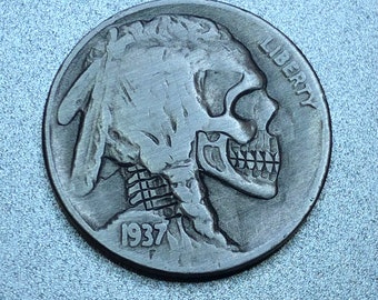 Hand Carved Hobo Nickel Skull Coin: Memento Mori Jewelry