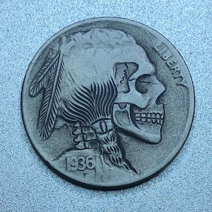 Engraved Hobo Nickel Skull Coin by M.J. Petitdemange