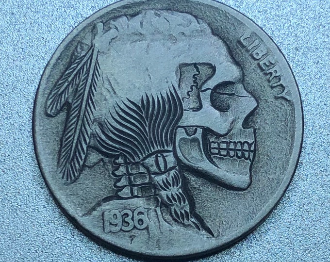 Hobo Nickel Skull By M.J. Petitdemange engraved Challenge Coin, groomsmand gift, token, edc, pocket art, good luck charm.