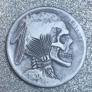 Hobo Nickel Skull By M.J. Petitdemange engraved coin,memento mori,carved skull,Jewelry,Art-metal Husband gift