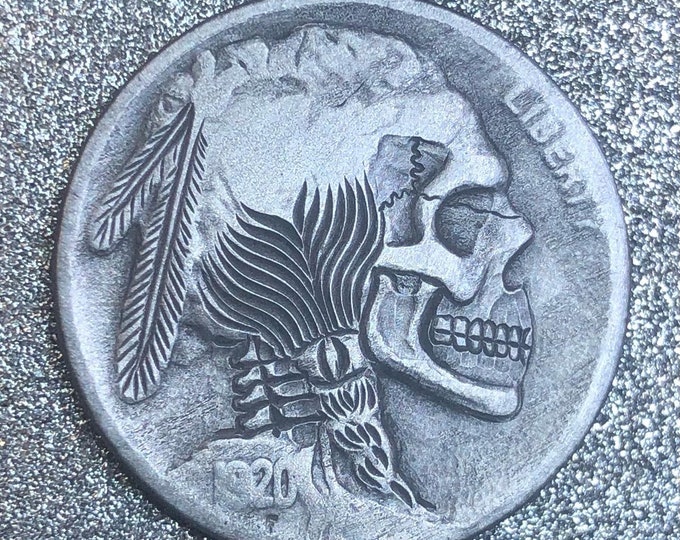 Hobo Nickel Skull By M.J. Petitdemange engraved coin,memento mori,carved skull,Jewelry,Art-metal Husband gift