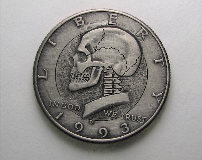 Hobo Nickel Skull on Kennedy Half By M.J. Petitdemange  One of a kind coin-Handcarved-Folkart-Jewelry-Art-metal-sculpture-Halloween- OOAK