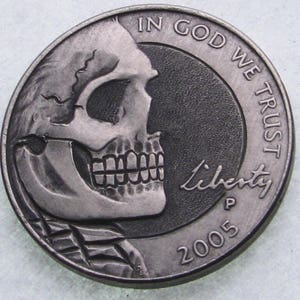 Hand Engraved Hobo Nickel Skull Coin: Memento Mori Art