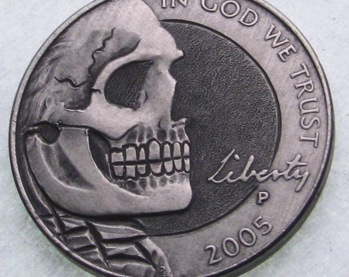 Hobo Nickel Skull By M.J. Petitdemange hand engraved coin,memento mori,carved skull,Jewelry,Art-fathers day gift-Day of the Dead