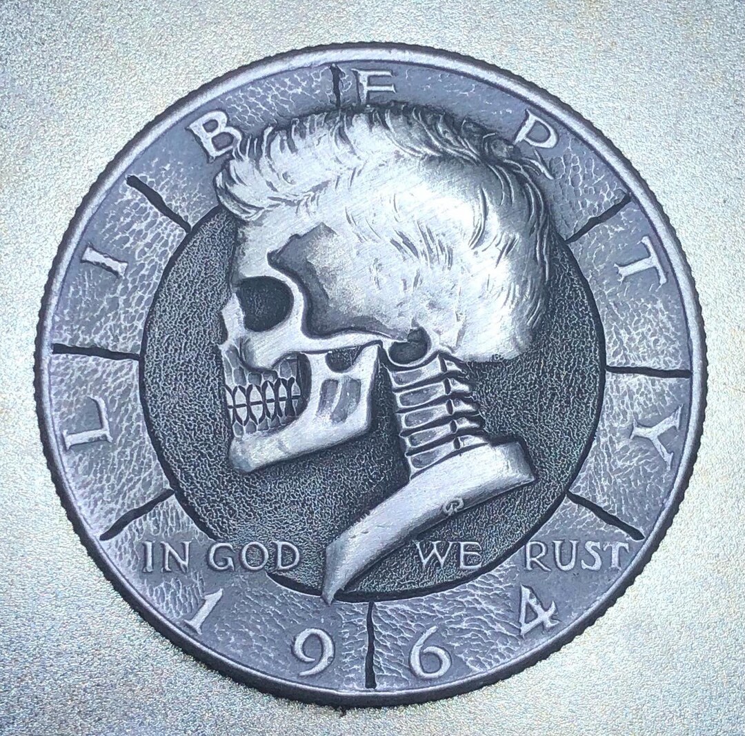 Hand Engraved 1964 Silver Kennedy Half Dollar: Hobo Skull Memento Mori ...