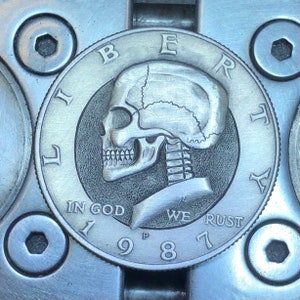 Hand-Carved Hobo Nickel Skull on Kennedy Half Dollar Coin Art