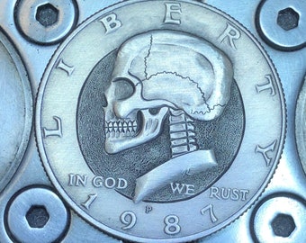 Hobo Nickel Skull on Kennedy Half By M.J. Petitdemange  One of a kind coin-Handcarved-Folkart-Jewelry-Art-metal Halloween for husband wife