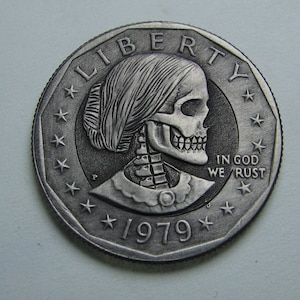 Handcarved Hobo Nickel: S. B. Anthony Skull Worry Coin