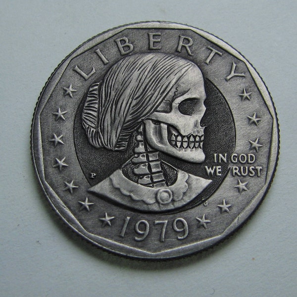 Hobo Nickel S. B. Anthony Skull  By M.J. Petitdemange  Worry Coin  Handcarved Memento Mori Reminder Challenge Buffalo Military Veteran Gift