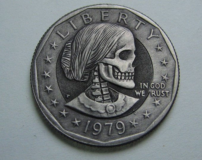 Hobo Nickel S. B. Anthony Skull  By M.J. Petitdemange  Worry Coin  Handcarved Memento Mori Reminder Challenge Buffalo Military Veteran Gift