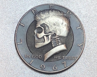 Hobo Nickel Skull: Engraved Kennedy 40 percent Silver Half Dollar Coin Art