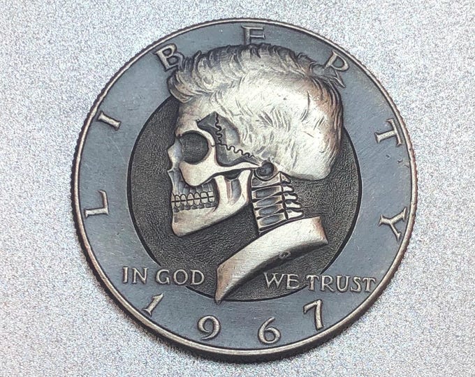 Hobo Nickel Skull: Engraved Kennedy Half Dollar Coin Art