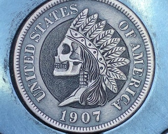 Hobo Nickel Skull By M.J. Petitdemange engraved coin,memento mori,carved skull,Jewelry,Art-metal-Fathers-Dads Day-Halloween,Day of the Dead
