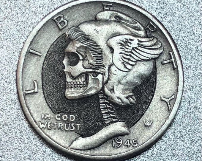 Hobo Nickel Skull: Hand-Engraved Mercury Silver Dime, Memento Mori