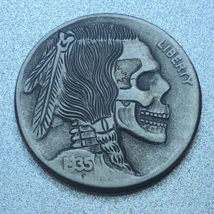 Engraved Hobo Nickel Skull Coin: Memento Mori Jewelry Art