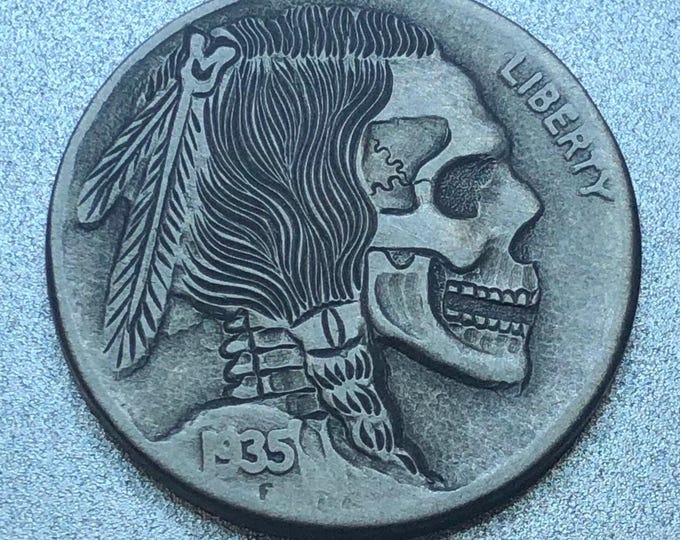 Hobo Nickel Skull By M.J. Petitdemange engraved coin,memento mori skull Jewelry Art-metal-Groomsman gift for Husband