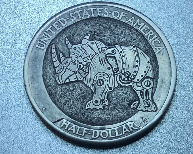 Steam Punk Rhino Hobo Nickel Love Token  Walking Liberty Half Dollar Coin Gift for dad fathers day gift challenge coin worry coin jewelry