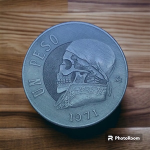 Hand Carved 1 Peso Hobo Nickel Skull Coin Art - Memento Mori