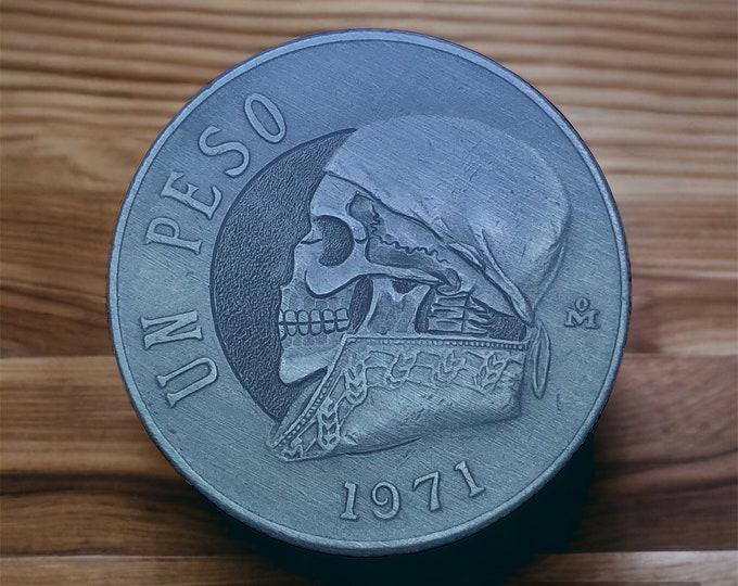 1 PESO Hobo Nickel Skull By M.J. Petitdemange engraved coin,memento mori, hand carved ,Jewelry,Art-metal-Fathers-Dads Day-Day of the Dead