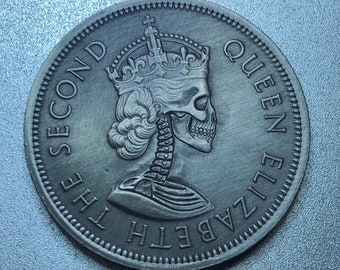 Hobo Nickel Skull Hand carved Authentic Queen Elizabeth Dollar coin Fathers day gift Husband gift Challenge coin Worry Coin Best Man Gift
