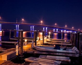 Ocean City NJ Bridge at Night with Boat Dock | Canvas Art