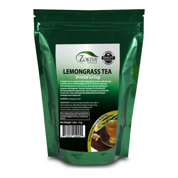 Lemongrass Tea 30 Bags 100% Natural - Premium Caffeine Free Tea - in Resealable Pouch