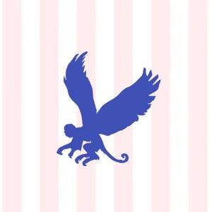 May include: A blue silhouette of a monkey with outstretched wings, set against a background of alternating pink and white vertical stripes. The monkey appears to be in flight, with its arms and legs extended.