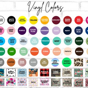 K&ouml;nnte beinhalten: Eine Tabelle mit Vinylfarben mit Namen f&uuml;r jede Farbe. Die Farben sind in Reihen und Spalten angeordnet. Die Farben umfassen: Mattwei&szlig;, Mattschwarz, Hellgelb, Gelb, Goldgelb, Burgunderrot, Warmer Ziegel, Rotglut, Hellbeere, Bubblegumrosa, Hellrosa, Lila, Pflaumenzucker, Lavendel, Flieder, Marineblau, Dunkelblau, Blau, Himmelblau, Costa Rica Blau, Perlmutt, Meerglas, T&uuml;rkis, Minze, Tiffany Blau, J&auml;ger, Olive, Gr&uuml;n, Limette, Pistazie, Orange, Koralle, Lachs, Papaya, Braun, Buff, Schiefergrau, Kupfer, Ros&eacute;gold, Silber, 14 Karat Gold, Opal Holographie, Gr&uuml;ner Glitzer, Leopard, Fr&uuml;hlingshasen, Sommerbl&uuml;te, Sehende Flecken, Denim Paisley, Herbstbl&uuml;te, Buffalo Plaid, Tarnmuster Gr&uuml;n, Tarnmuster W&uuml;ste, Junibeere, Schmetterlingsbeere, Beerenv&ouml;gel, Rosa Blumen, Ariel, Belle, Schlafende Sch&ouml;nheit, Inselzeit, Rosa Mistelzweig, Rosen, Wassermelone.