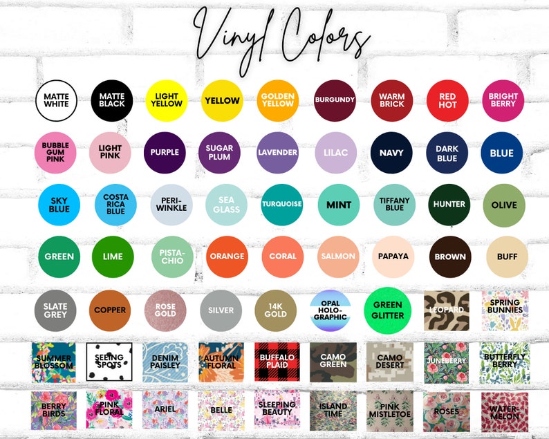 K&ouml;nnte beinhalten: Eine Tabelle mit Vinylfarben mit Namen f&uuml;r jede Farbe. Die Farben sind in Reihen und Spalten angeordnet. Die Farben umfassen: Mattwei&szlig;, Mattschwarz, Hellgelb, Gelb, Goldgelb, Burgunderrot, Warmer Ziegel, Rotglut, Hellbeere, Bubblegumrosa, Hellrosa, Lila, Pflaumenzucker, Lavendel, Flieder, Marineblau, Dunkelblau, Blau, Himmelblau, Costa Rica Blau, Perlmutt, Meerglas, T&uuml;rkis, Minze, Tiffany Blau, J&auml;ger, Olive, Gr&uuml;n, Limette, Pistazie, Orange, Koralle, Lachs, Papaya, Braun, Buff, Schiefergrau, Kupfer, Ros&eacute;gold, Silber, 14 Karat Gold, Opal Holographie, Gr&uuml;ner Glitzer, Leopard, Fr&uuml;hlingshasen, Sommerbl&uuml;te, Sehende Flecken, Denim Paisley, Herbstbl&uuml;te, Buffalo Plaid, Tarnmuster Gr&uuml;n, Tarnmuster W&uuml;ste, Junibeere, Schmetterlingsbeere, Beerenv&ouml;gel, Rosa Blumen, Ariel, Belle, Schlafende Sch&ouml;nheit, Inselzeit, Rosa Mistelzweig, Rosen, Wassermelone.