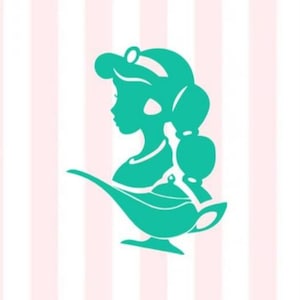 May include: A teal silhouette of a woman's profile, integrated with a genie lamp design. The image is set against a background of alternating pink and white vertical stripes, creating a whimsical and decorative aesthetic.