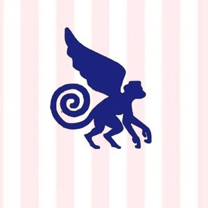 May include: A navy blue silhouette of a monkey with wings and a curled tail. The winged monkey is set against a background of vertical pink and white stripes. The design is whimsical and playful.