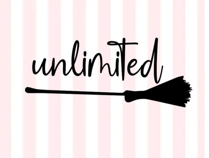 K&ouml;nnte beinhalten: Schwarz-wei&szlig;es Grafikdesign mit dem Wort "unlimited" in kursiver Schrift. Unter dem Wort befindet sich ein schwarzer Besen.