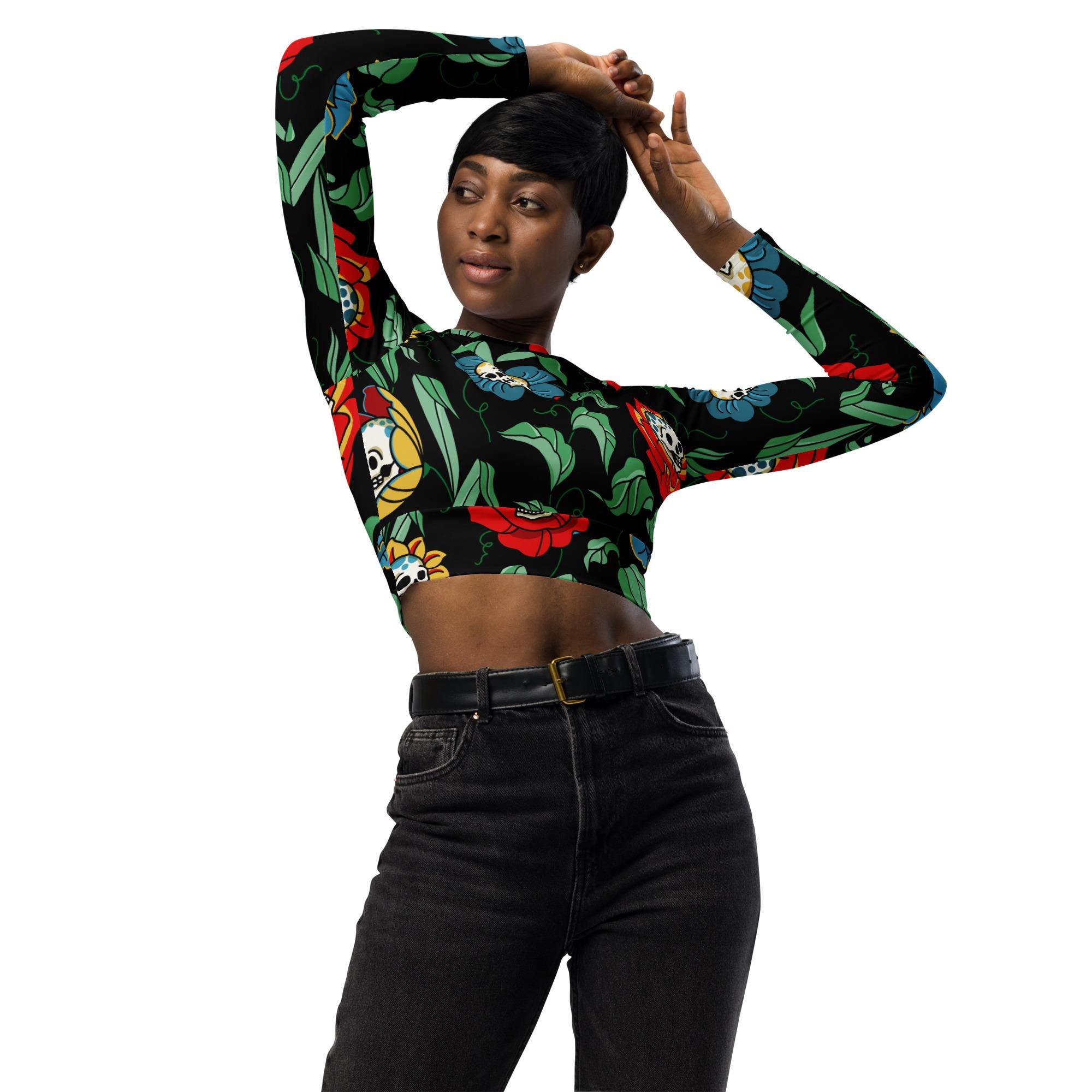Skull flowers Recycled long-sleeve crop top