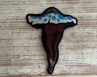 Sexy mushroom iron-on embroidery patch, withe cap with blue dots and  brown  stem/legs