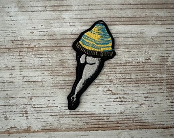 Sexy mushroom iron-on embroidery patch, yellow striped cap  with white stem/legs