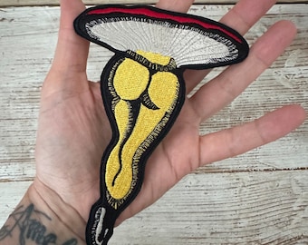 Sexy mushroom iron-on embroidery patch, red cap with long yellow legs