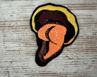 Sexy mushroom iron-on embroidery patch, yellow cap with orange stem/legs