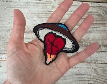 Sexy mushroom iron-on embroidery patch, brown cap with red stem/legs