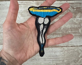 Sexy mushroom iron-on embroidery patch, blue and yellow cap with white stem/legs