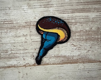 Sexy mushroom iron-on embroidery patch, brown cap with blue  stem/legs