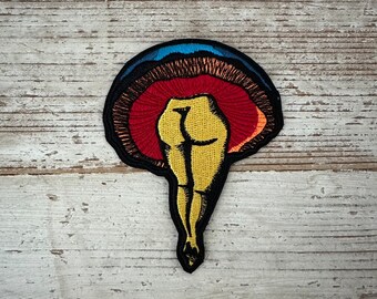 Sexy mushroom iron-on embroidery patch, blue cap with yellow legs