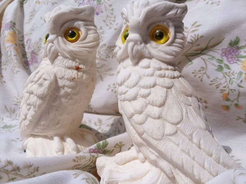Vintage Owl Statues Owl Decor Retro Owl Figurines White Owls Etsy