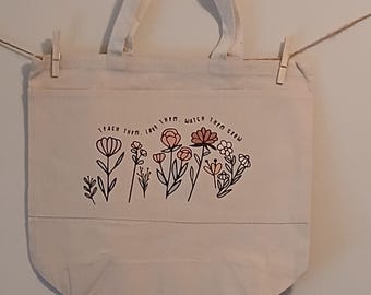 Large teacher tote bags with flower garden. Quotes.