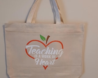 Teacher apple tote bag. Large canvas tote.